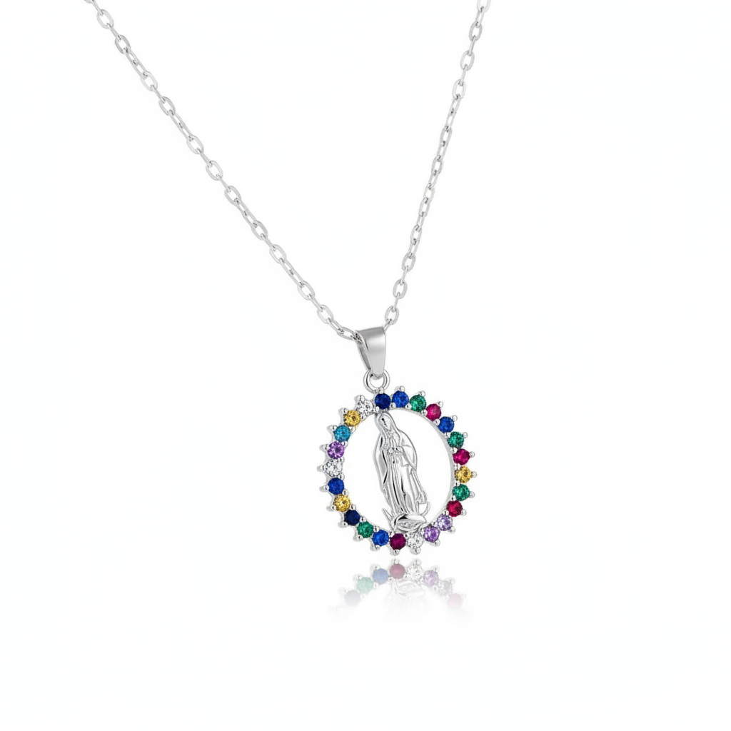 European and American Fashion and Gorgeous Women's All Sky Star Micro Inlaid Colorful Zircon Virgin Mary Hollow Necklace